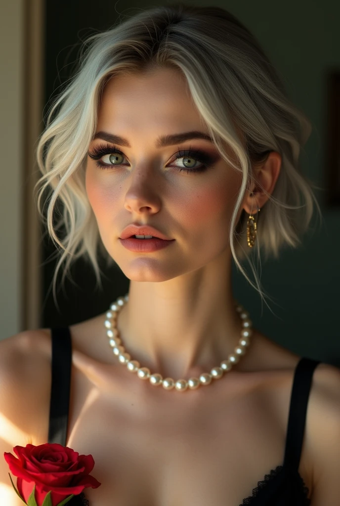 Real People，1 girl，Silver short hair，Beautiful facial features，Exquisite makeup，Exquisite eyes，Eye details，Dark eyeshadow，A red rose，small freckles，Pearl Necklace，Black suspender skirt，Shoulder，arm，Soft light and shadow，