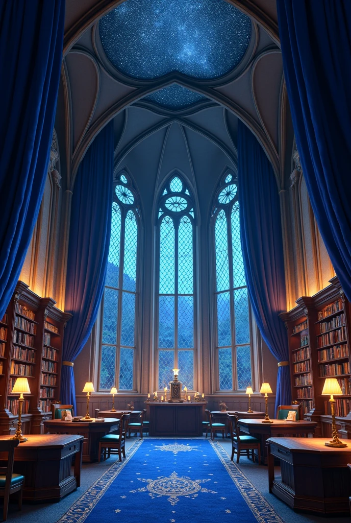 Castle Towers, Harry Potter, Ravenclaw, Halls, arched windows, Blue silk hanging on the walls, Starry vaulted ceilings, Dark blue carpet with stars, Tables, Sitting chairs, bookshelves on the floor