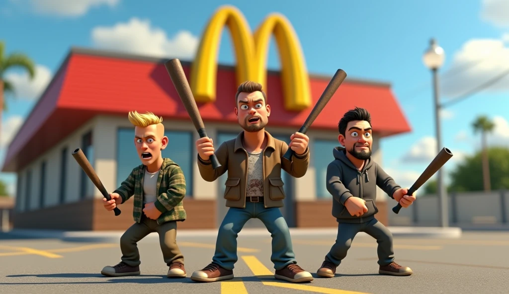 Im Stil von Pixar 3D-Animation filmen (Caricature). Three young men stand in the parking lot of a Mc Donalds. All three have a small club in their hand and look stupid and aggressive.
The first man is slightly taller than the others and wears camouflage clothing. 
The second is slightly smaller, has short blonde hair and a crazy look, he is wearing a dirty undershirt.
The third man has short black hair and a narrow black beard, he wears a hoodie.