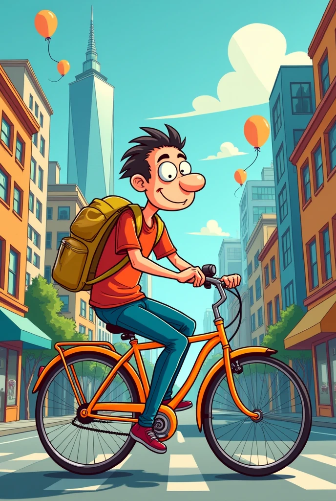 A cartoonist AI image of a man who is sit on a cycle with a background of city