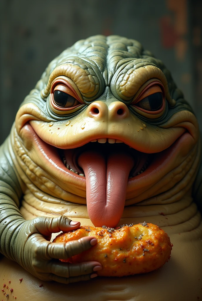 Close-up of Jabba the Hut's face from Star Wars eating a coxinha