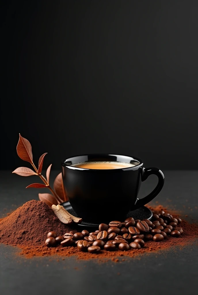 Cool coffee cup and coffee beans an coffee powder with coffee leaves in black studio light