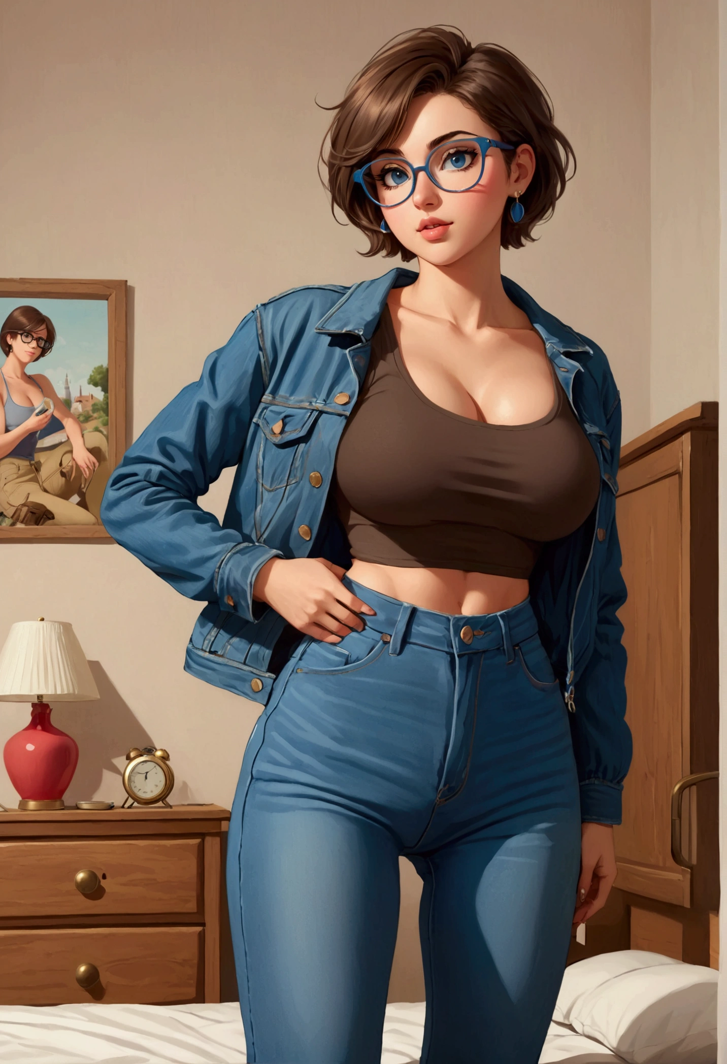 20 years old woman, Short brown hair, Méditerranéenne aux blue eye, Generous and heavy breasts, slender waist, estomac defini, fesses rebondies et pulpeuses, naturally curved, muscular thighs, aguicheuse, in the bedroom, in pants and tank top, Denim jacket, lunettes , earrings, blue eye, bottines, Selfie