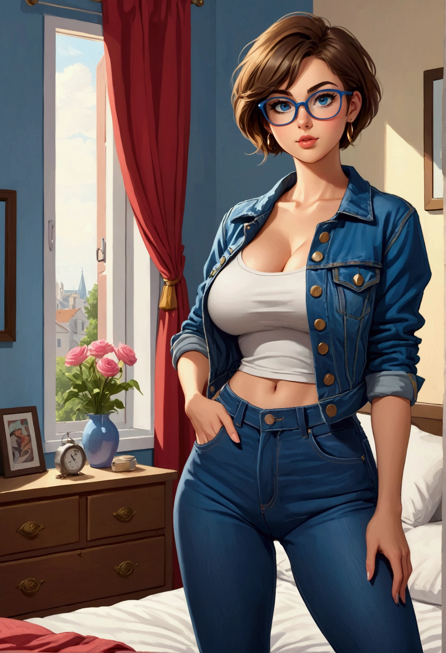 20 years old woman, Short brown hair, Méditerranéenne aux blue eye, Generous and heavy breasts, slender waist, estomac defini, fesses rebondies et pulpeuses, naturally curved, muscular thighs, aguicheuse, in the bedroom, in pants and tank top, Denim jacket, lunettes , earrings, blue eye, bottines, Selfie