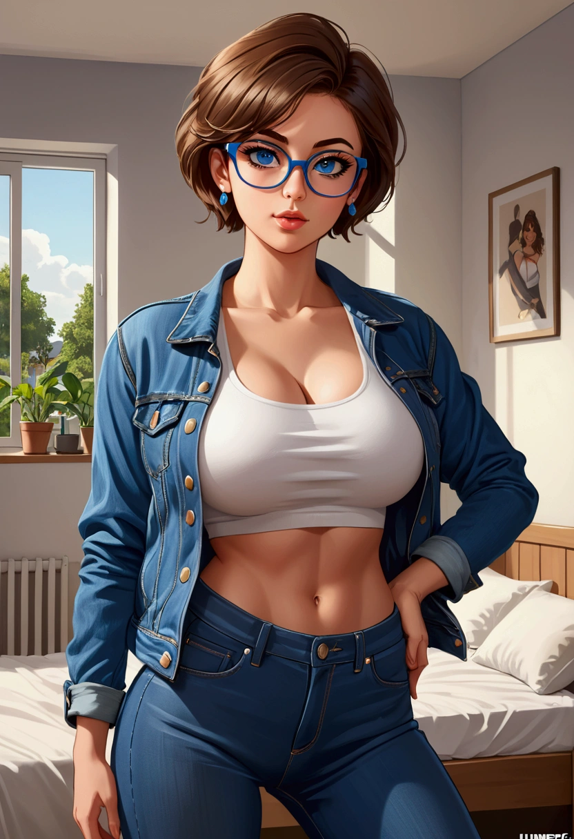 20 years old woman, Short brown hair, Méditerranéenne aux blue eye, Generous and heavy breasts, slender waist, estomac defini, fesses rebondies et pulpeuses, naturally curved, muscular thighs, aguicheuse, in the bedroom, in pants and tank top, Denim jacket, lunettes , earrings, blue eye, bottines, Selfie