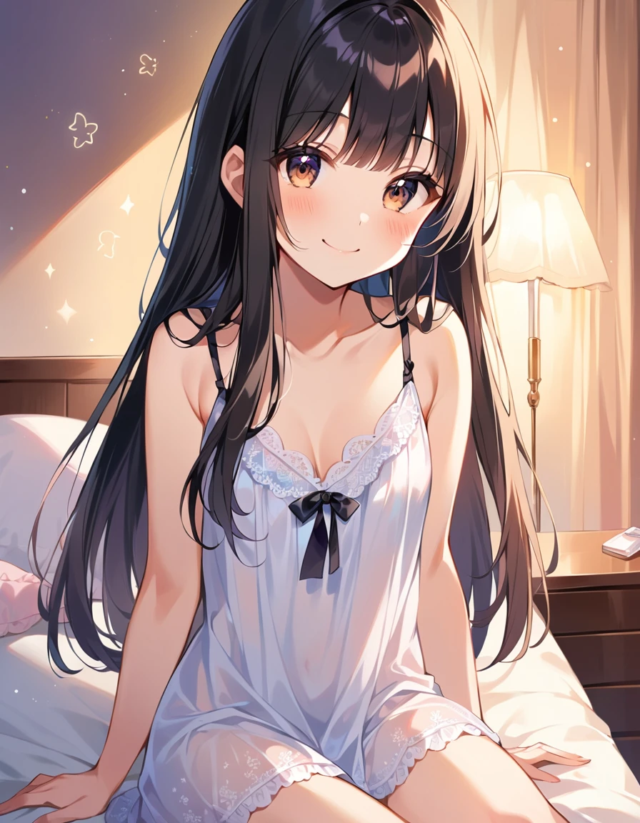 Girl,cute,cute,Chest to head,smile,Straight hair,Long Hair,Black Hair,Sitting,Bedroom,negligee,Looking into the camera,Raise your arms,night