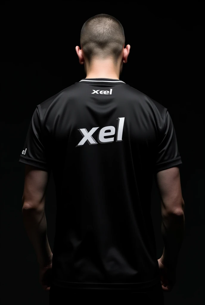 a close back shot of a skinny guy without head wearing a black eSports jersey with "XEL" written on the back with black background and a side pose
