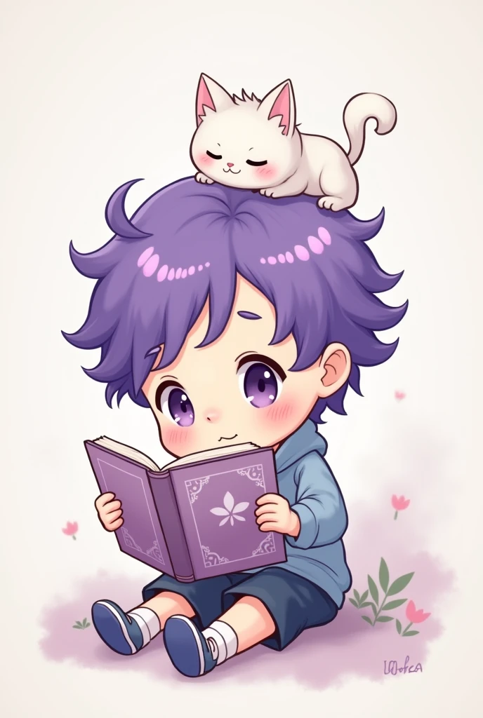 Boy with purple hair with a white cat on his head, sitting reading a lilac-colored book, chibi anime style