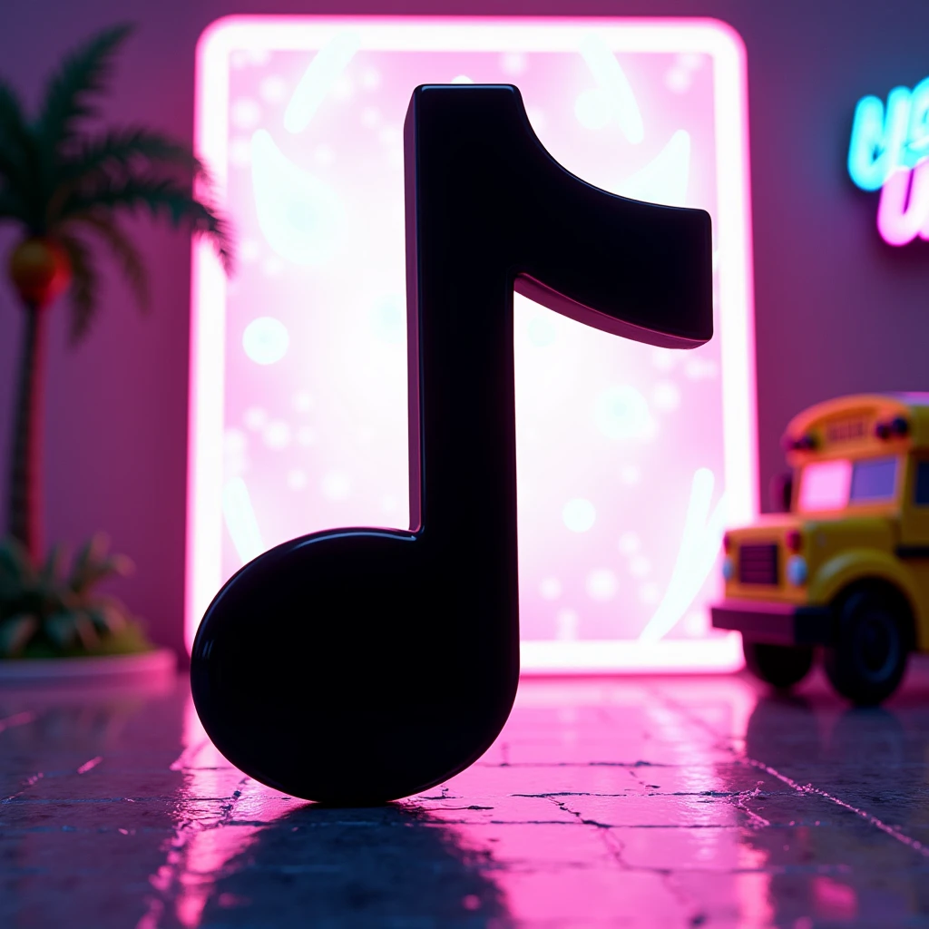 Black shadow of a musical note on white neon, cartoon, Vice City GTA, school bus background