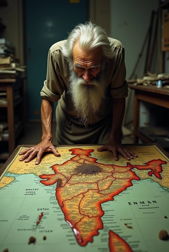An elderly man pitches a poop over a map of India