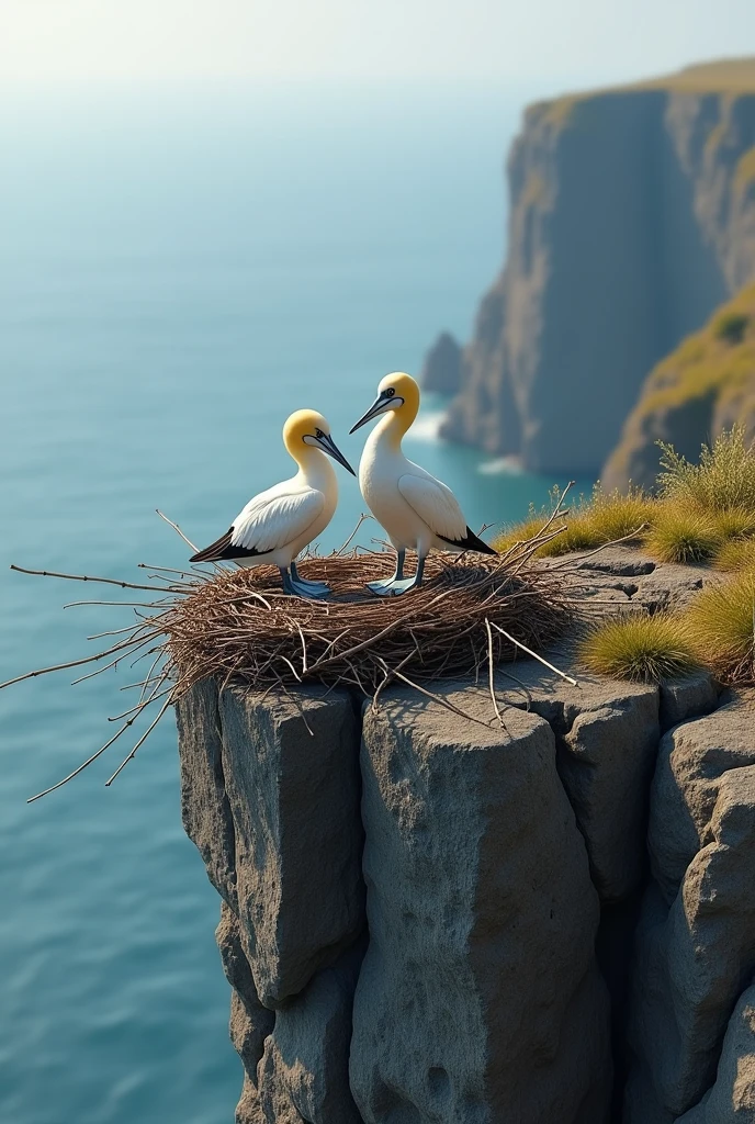2 gannets on a cliff making a nest