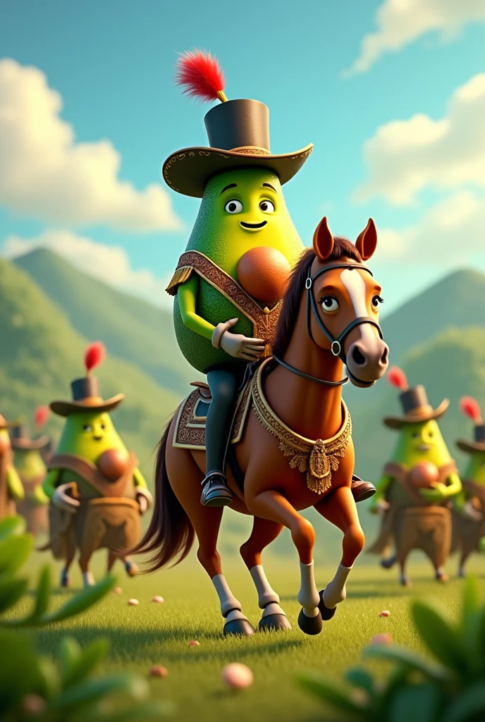 Animated avocado potaxie dressed as Bolivar on a horse arriving at a field with animated avocados potaxies dressed as indigenous people
