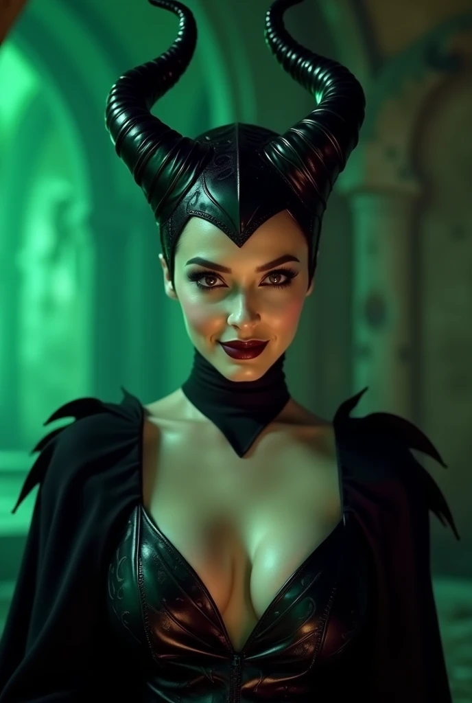 A stunning forward portrait of Maleficent, young and beautiful, hyper realistic, real portrait, backlit, exquisite features, cleavage, sexy, seductive, unnatural light, soft light, location is the interior of a dungeon, green light, eerie, purple highlights, she is smirking, she is busty, her chin is raised, looking down at viewer, low angle shot