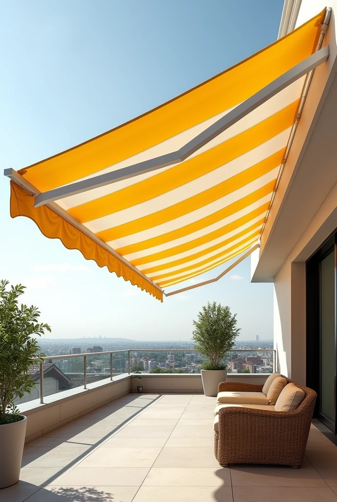Awing for outdoor with strip color design color white and yellow . Awing on rooftop