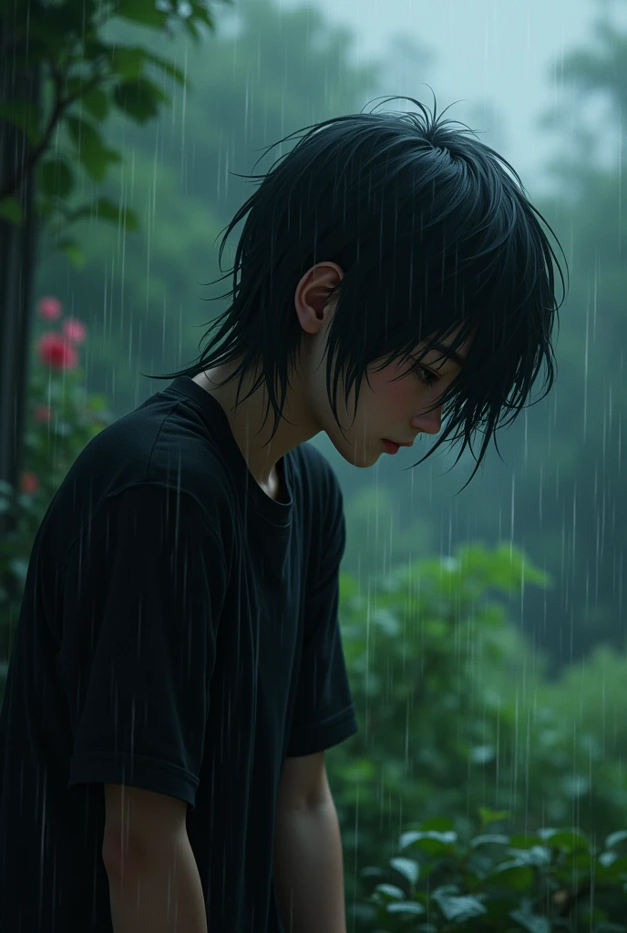 Boy with depression、Japanese、Long Hair、Black T-shirt、Look down、Real、heavy rain、garden