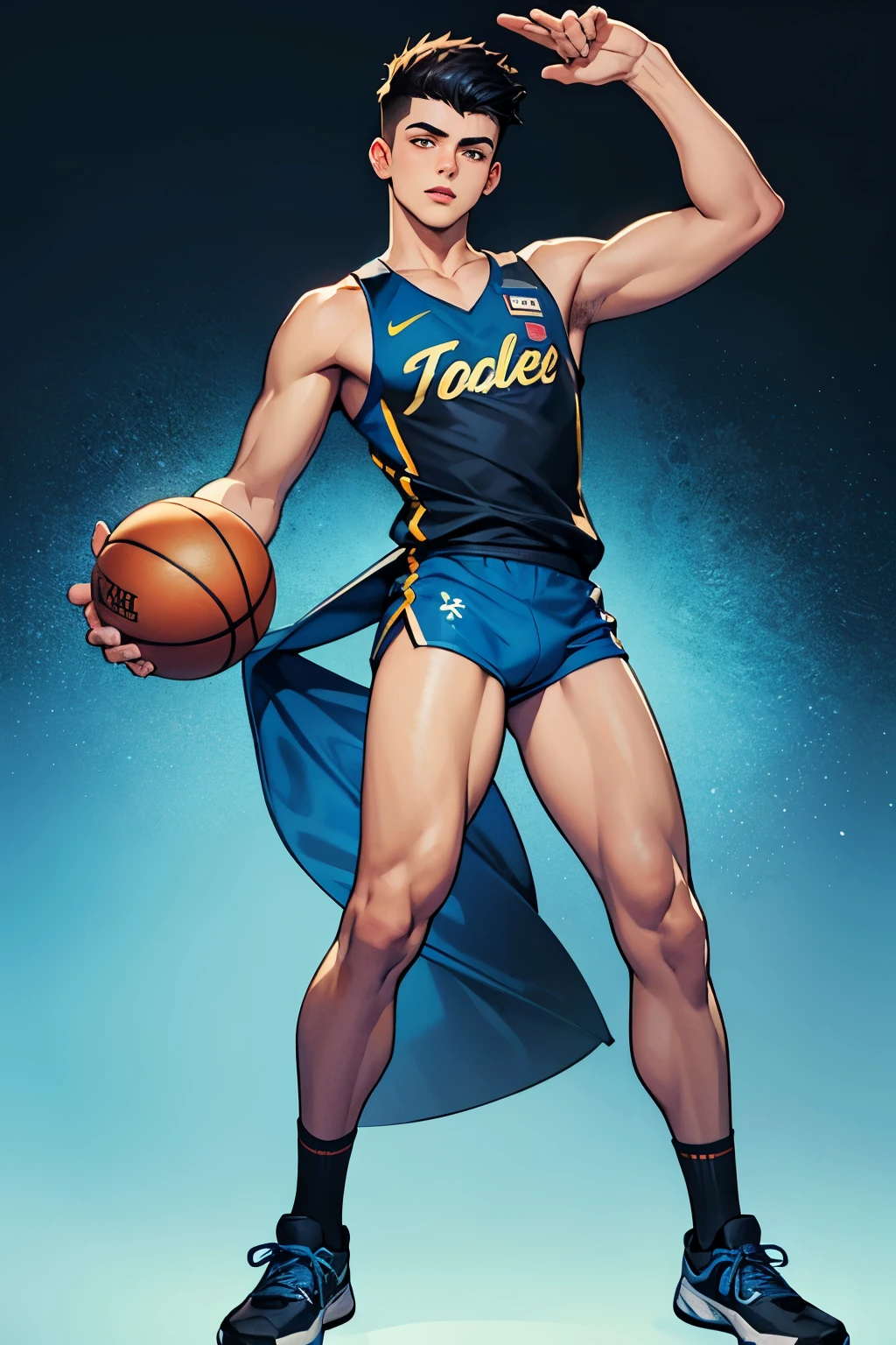 2 boy, twink, handsome, his skin is light tropical Latin, his hair is black with a graduation cut and the sides in high fade, he wears blue and black basketball clothes, we can see the image in full showing him full body, the background is solid black.