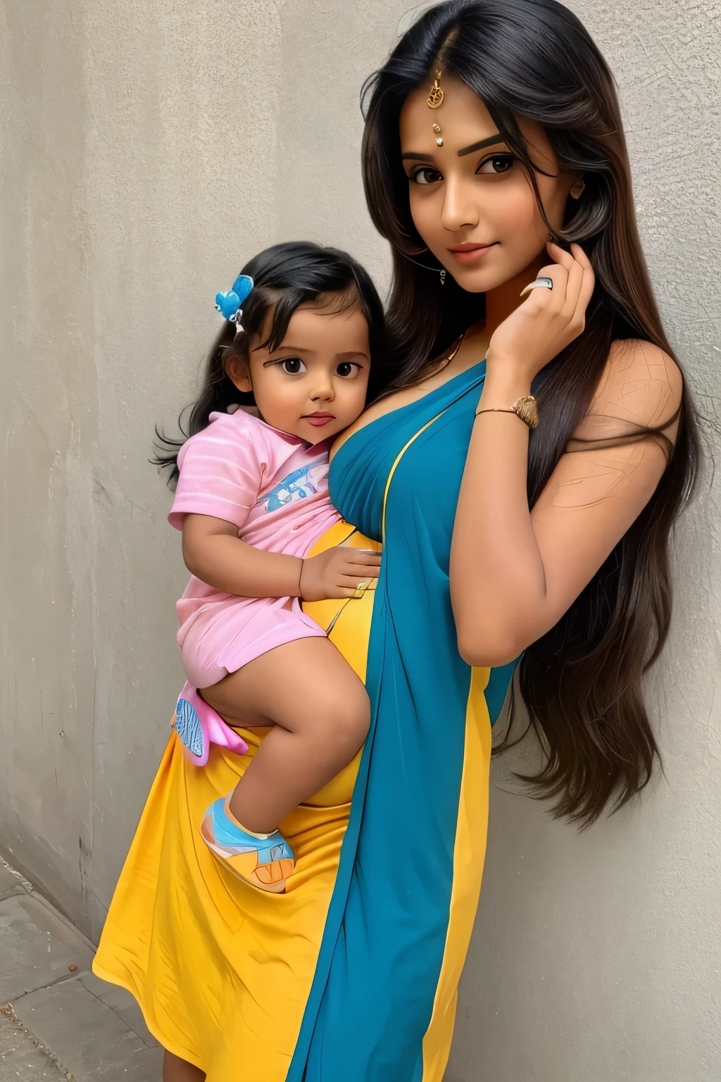 12 years cute stylish beautiful Indian super bowl hot girl with beautiful cute face with pregnant with different stylish long hair with stylish modern mixed colours and Trending stickers with stunning dress with his cute little baby with full size hot pic
