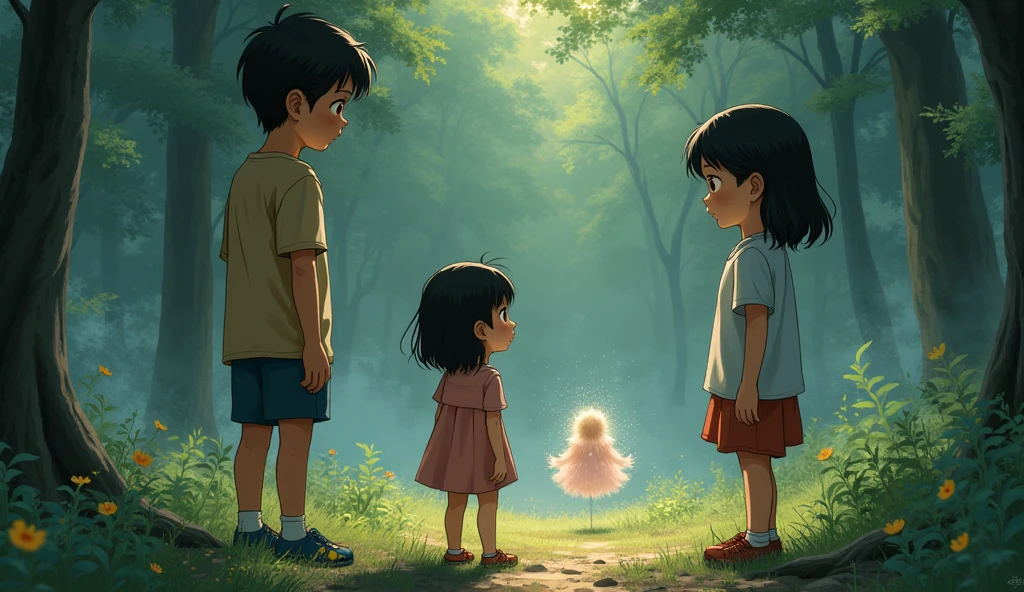 Create an illustration of a complex family dynamic with three children in a style similar to Princess Mononoke. Show a , an older sister, and a younger sister who survived a serious medical condition. The younger sister appears detached and isolated, with a faint, ethereal aura. The background should depict a sense of familial tension and unspoken conflict.