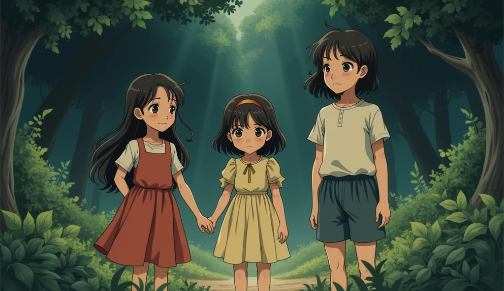 Create an illustration of a complex family dynamic with three children in a style similar to Princess Mononoke. Show a middle child, an older sister, and a younger sister who survived a serious medical condition. The younger sister appears detached and isolated, with a faint, ethereal aura. The background should depict a sense of familial tension and unspoken conflict.