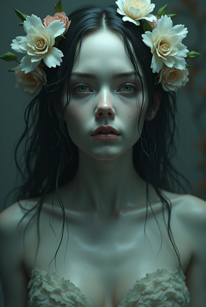 there is a picture of a creepy woman with a white face, wlop glossy skin, horror!! highly detailed, ethereal!!! ultra realistic, extreme detailed face and body, photorealistic horror, detailed body and eyes, cgsociety 9, artwork in the style of guweiz, cgsociety inspired, 🌺 cgsociety, scary look, detailed unblurred face, eerie art style