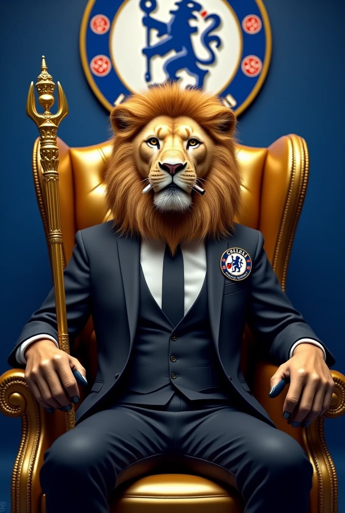 Create an image of a lion in a black suit with the Chelsea football club symbol on the chest in small size . The lion is holding a long golden staff sitting on a golden armchair overshadowed by blue. The lion has a cigar in his mouth .Blue background with Chelsea logo. 4k ultra realistic 