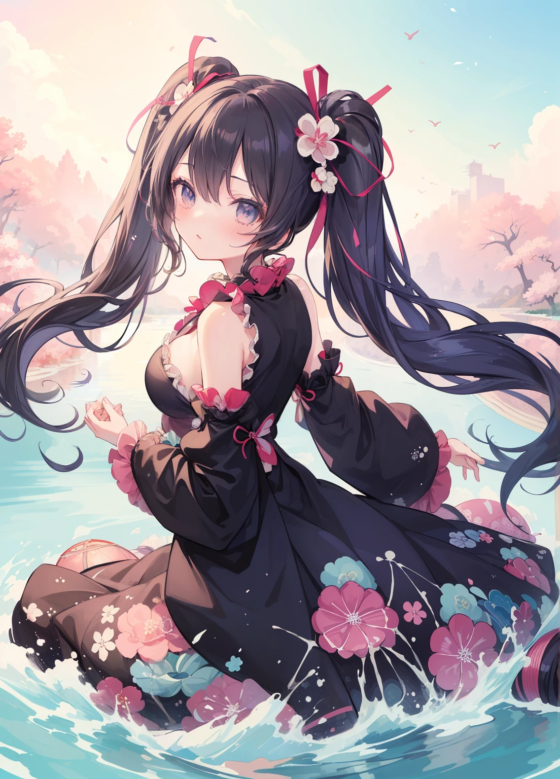 (masterpiece、Highest quality、Highest quality、Official Art、Beautiful and beautiful:1.2)、(One person:1.3)Hatsune Miku、Twin tails,Beautiful breasts, Katsushika Hokusai,masterpiece, super high quality, Beautiful details, Very detailed,16K, Exquisite, Absurd, High resolution, Beautiful background, Beautiful Eyes, Beautiful Skin, Anime Style, one person&#39;s, alone, View your viewers, A kind smile, Woman&#39;s whole body, Blonde, Long Hair, Long, narrow eyes, Brown eyes, Very long eyelashes, very Long Hair, Glossy Lips, Mouth closed, Expressionless, Slender tall body, Small breasts, Resting in a black fur dress, Fur trim, Long black fur hat, Capellet, Jet Black Footwear, Rest Night, star \(null\), starry null, null間, SL train flying in the null