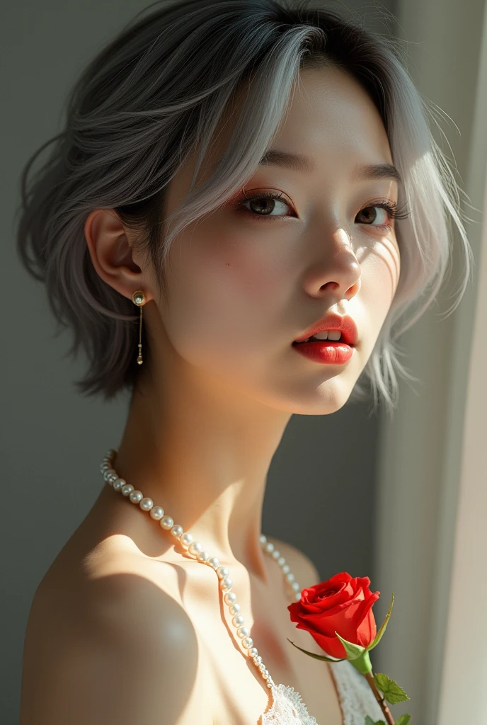 Real People,1 Asian girl,Silver short hair,Beautiful facial features,Exquisite makeup,Exquisite eyes,Eye details,Dark eyeshadow,A red rose,small freckles,Pearl Necklace,Black suspender skirt,Shoulder,arm,Soft light and shadow,