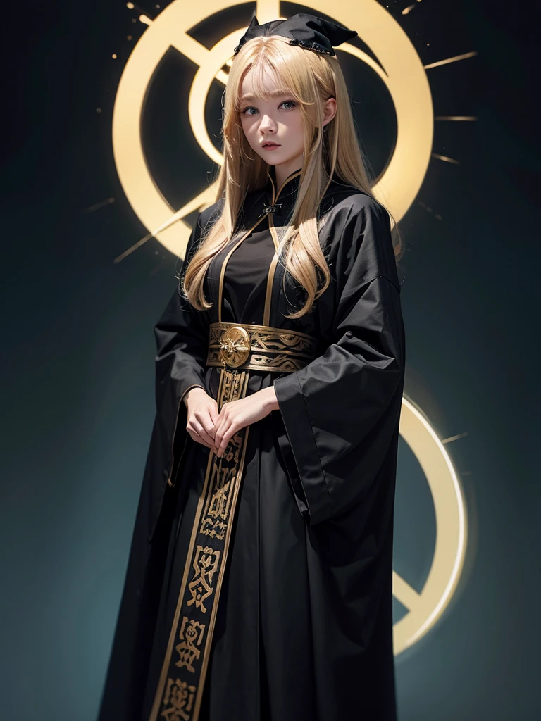 Runic Background、Wearing a black robe、Mage's Clothing、golden hair color、look at the viewer、masterpiece、cute woman、Wearing elegant school clothes
