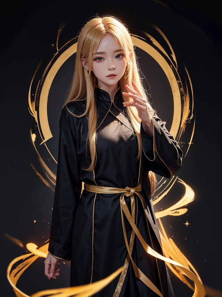 Runic Background、Wearing a black robe、Mage's Clothing、golden hair color、look at the viewer、masterpiece、cute woman、Wearing elegant school clothes