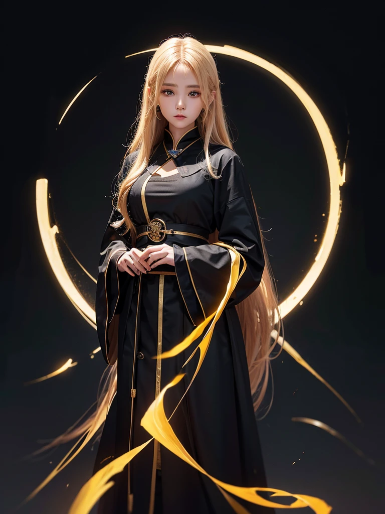 Runic Background、Wearing a black robe、Mage's Clothing、golden hair color、look at the viewer、masterpiece、cute woman、Wearing elegant school clothes