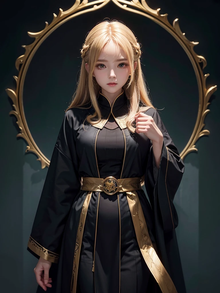 Runic Background、Wearing a black robe、Mage's Clothing、golden hair color、look at the viewer、masterpiece、cute woman、Wearing elegant school clothes