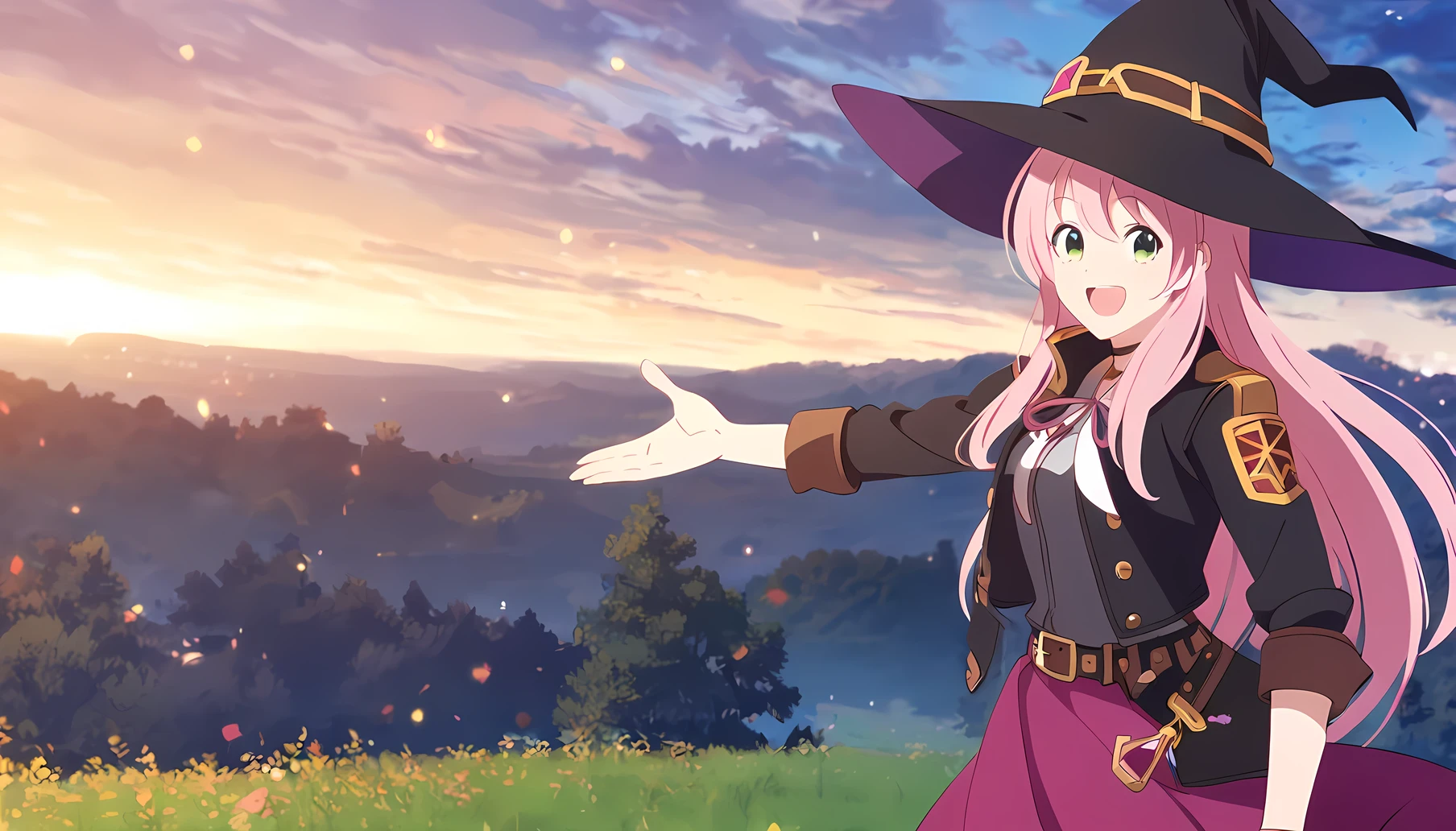 Woman,smile,happy,Witch,female,beauty,Pink hair(long hair),dark green eyes,leather jacket,belt,school outfit(white),Magenta Ribbon,witch hat,magenta skirt,fantasy,anime style,konosuba style