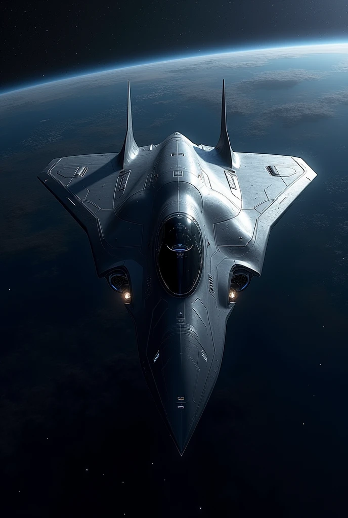 Hyper-advanced 7th generation space-capable stealth fighter, absolutely no vertical stabilizers or tail surfaces of any kind. Perfectly symmetrical flying wing design with ultra-smooth blended body. Extremely low-observable shape with faceted surfaces and no visible joints or seams. Completely flat upper and lower surfaces with no protrusions. Unmanned, no cockpit visible. Ultra-black light-absorbing coating with subtle hexagonal pattern. Retractable weapon bays seamlessly integrated into the wing-body. Quantum AI core hidden within. Swarm of small stealthy drones in symmetrical formation around the craft. Advanced space propulsion system with faint blue glow at rear edges only. Self-repairing smart skin with uniform texture. Holographic displays projected internally. Flying in deep space with Earth as a small blue marble in far background, surrounded by vivid starfield. Photorealistic, highly detailed, dramatic lighting emphasizing stealth contours, 8K resolution, front three-quarter view showing perfect bilateral symmetry and sleek, tailless profile.