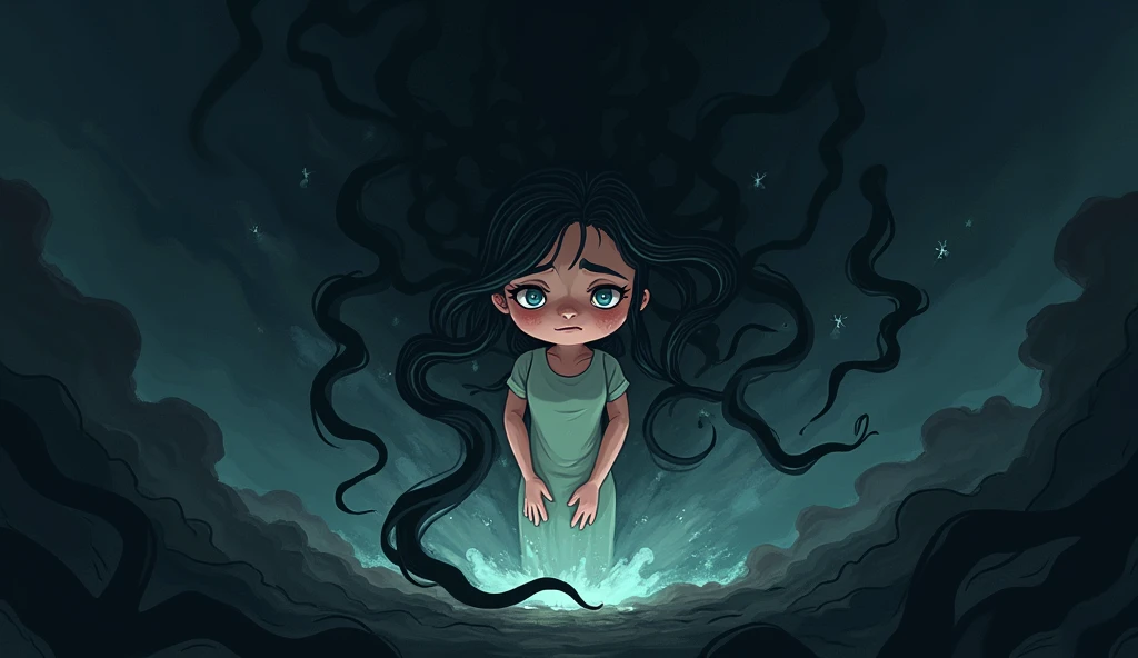 Creat a full dress cartoon image Show the moment when Pari fairy is engulfed by dark, shadowy tendrils, her expression one of fear and sadness. The image should convey the sense of her being pulled away into a dark, unknown realm.