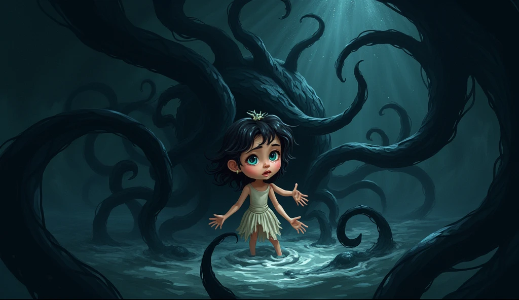 Creat a full dress cartoon image Show the moment when Pari fairy is engulfed by dark, shadowy tendrils, her expression one of fear and sadness. The image should convey the sense of her being pulled away into a dark, unknown realm.