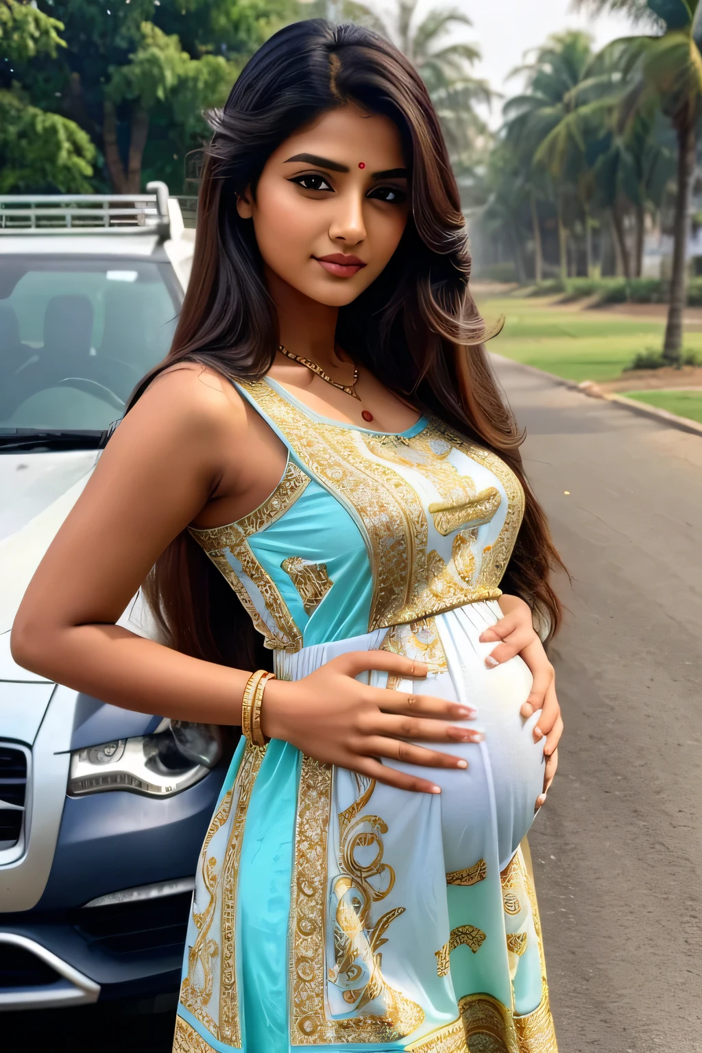 12 years cute stylish beautiful Indian super bowl hot girl with beautiful cute face with pregnant with different stylish long hair with stylish modern mixed colours and Trending stickers with stunning dress with his cute little baby with full size hot pic