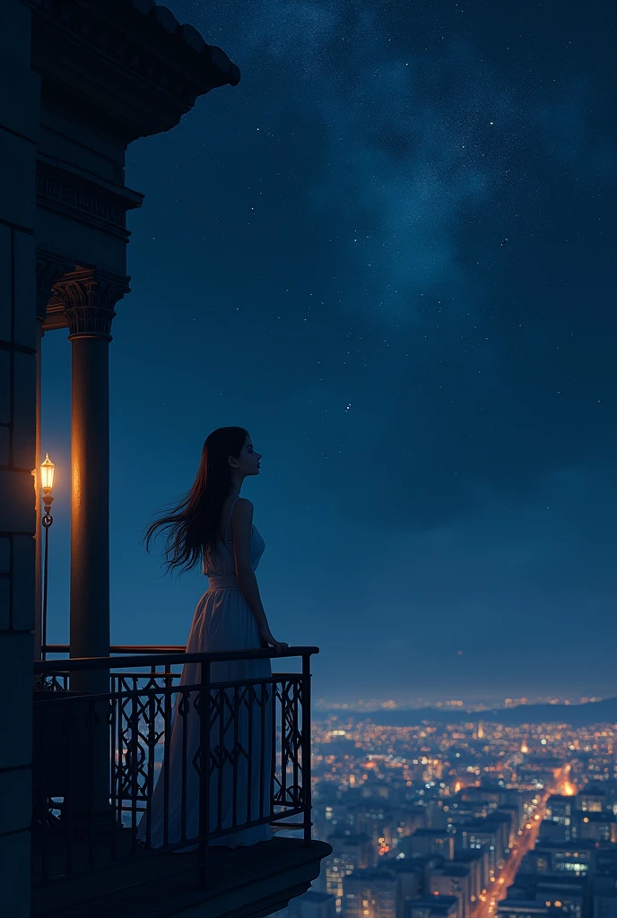 A girl stand at belconi in a dark sky night