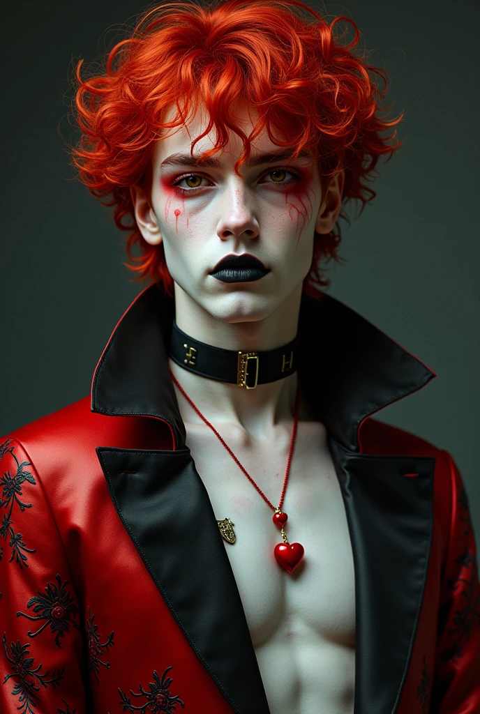 Handsome boy with red curly hair, face painted white and lips black. Eyes red. hairless, with hearts painted on their nipples, red pubic hair. Usando roupas de príncipe em vermelho e preto com detalhes de cartas