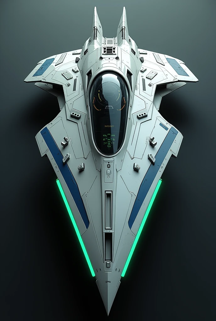 Overall Shape: A sleek, streamlined design with a symmetrical, futuristic, and elegant appearance. The ship should have a streamlined, aerodynamic shape. Bow: A pointed, protruding bow with a sharp, tapered end, giving a sleek and cutting-edge impression. Sensors and Weapons: Include multiple sensors and weapons on the hull, such as futuristic sensor arrays and missile launchers. Cockpit: A large cockpit located centrally on the ship, protruding from the main body. The cockpit should be transparent, with visible internal control panels. Color Scheme: Predominantly metallic silver or gray with accent lines in blue or green. Emphasize a futuristic color palette. Details: Incorporate intricate paneling and decoration on the hull, with a focus on fine details. Highlight glossy surfaces and sharp edges. Overall Impression: Create a futuristic and powerful space vessel. The design should be elegant and sophisticated, while also emphasizing combat functionality.