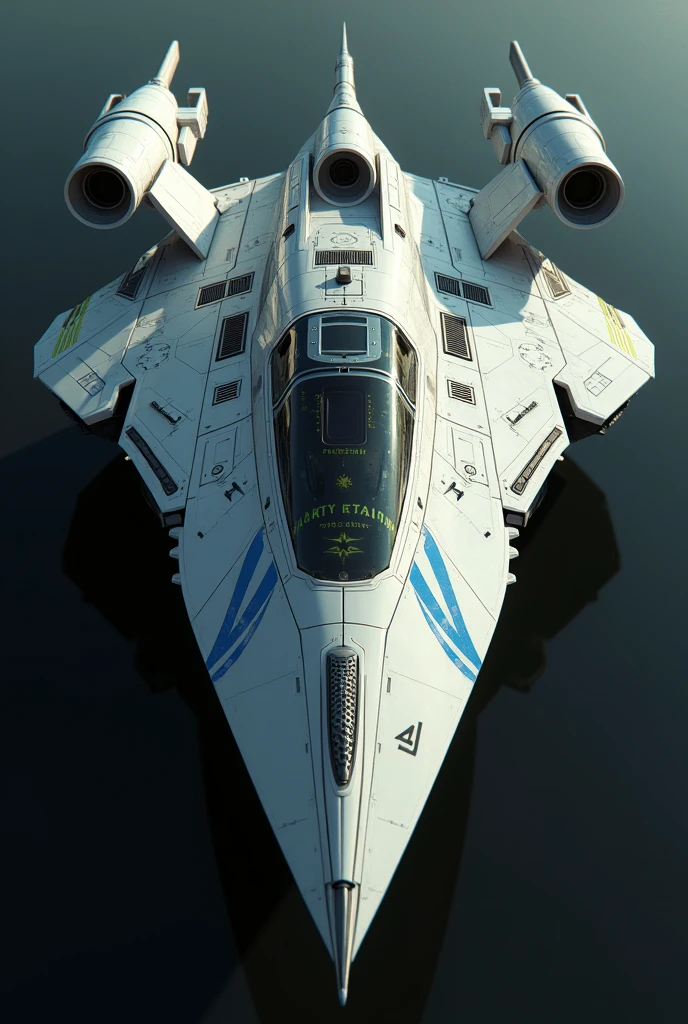 Overall Shape: A sleek, streamlined design with a symmetrical, futuristic, and elegant appearance. The ship should have a streamlined, aerodynamic shape. Bow: A pointed, protruding bow with a sharp, tapered end, giving a sleek and cutting-edge impression. Sensors and Weapons: Include multiple sensors and weapons on the hull, such as futuristic sensor arrays and missile launchers. Cockpit: A large cockpit located centrally on the ship, protruding from the main body. The cockpit should be transparent, with visible internal control panels. Color Scheme: Predominantly metallic silver or gray with accent lines in blue or green. Emphasize a futuristic color palette. Details: Incorporate intricate paneling and decoration on the hull, with a focus on fine details. Highlight glossy surfaces and sharp edges. Overall Impression: Create a futuristic and powerful space vessel. The design should be elegant and sophisticated, while also emphasizing combat functionality.