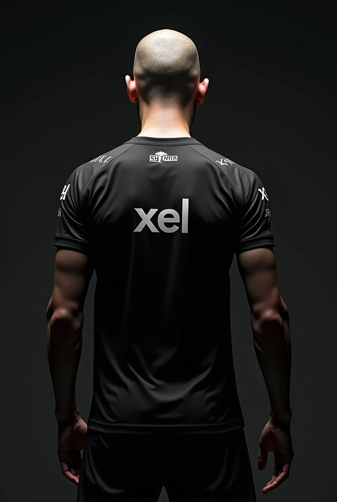 a close back shot of a skinny guy without head wearing a black eSports jersey with sponsorships with "XEL" written on the back with black background and a side pose