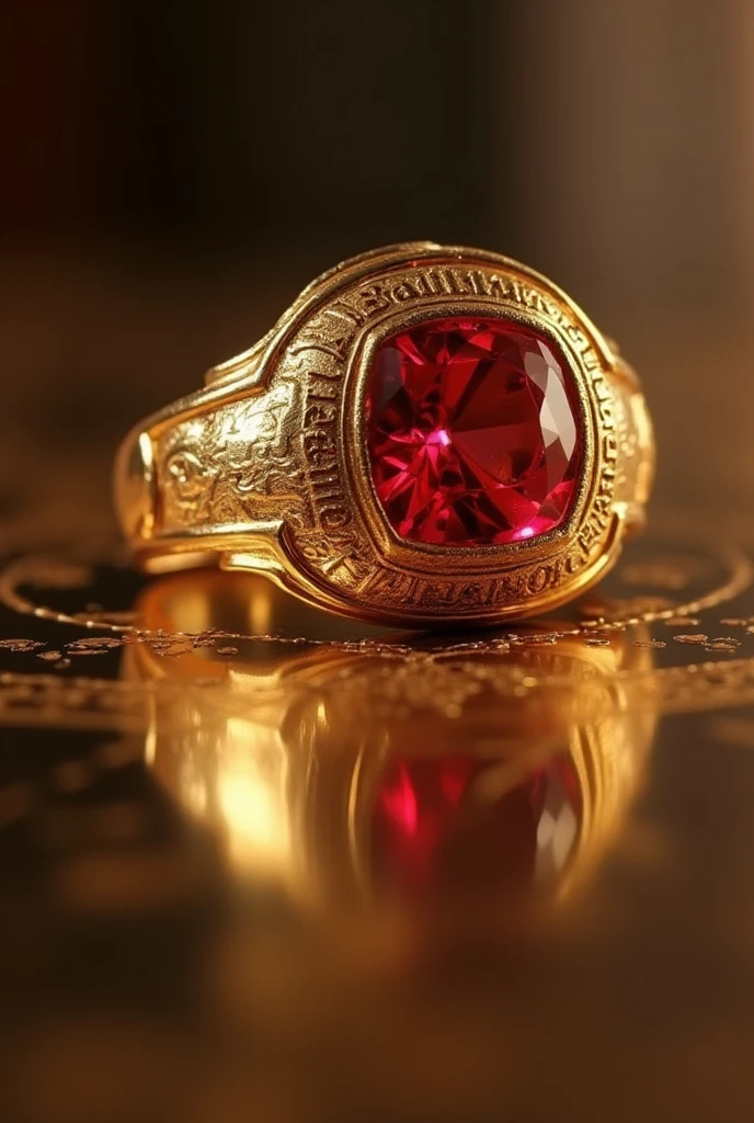 Gold ring with the word ISABELLA CASTILHO written on it with a red stone