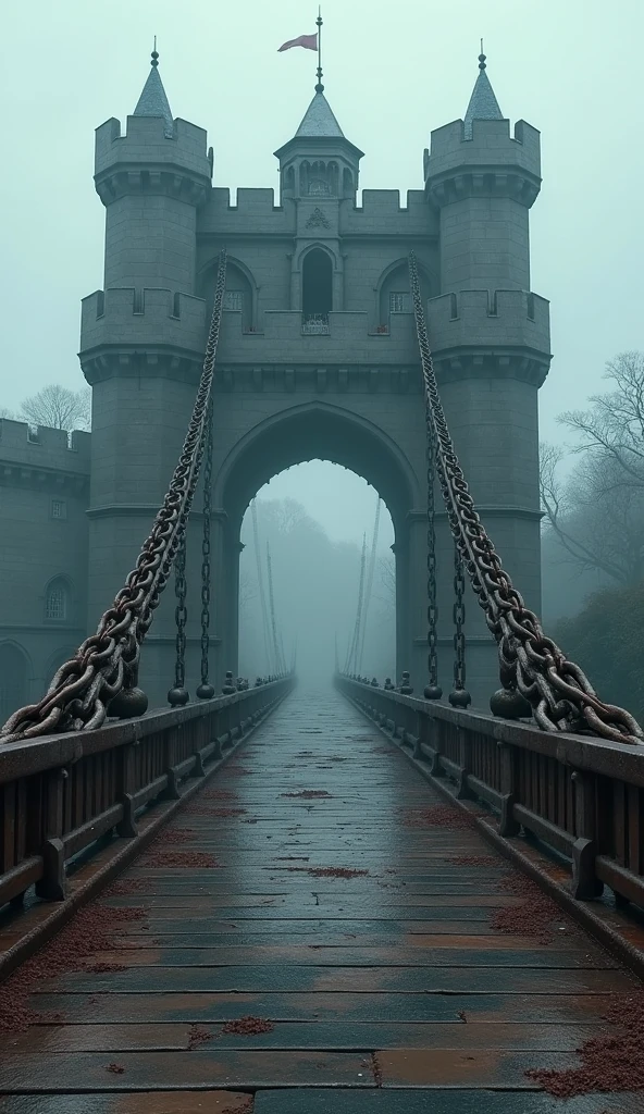 drawbridge of the castle, raised by large chains, focus on chains, photorealistic, cinematic lighting, intricate details, dramatic shadows, highly detailed, ornate architecture, medieval fantasy, ornate chains, rust and aged metal textures, moody atmosphere, overcast skies, epic scale, wide angle perspective, volumetric fog, dramatic chiaroscuro lighting