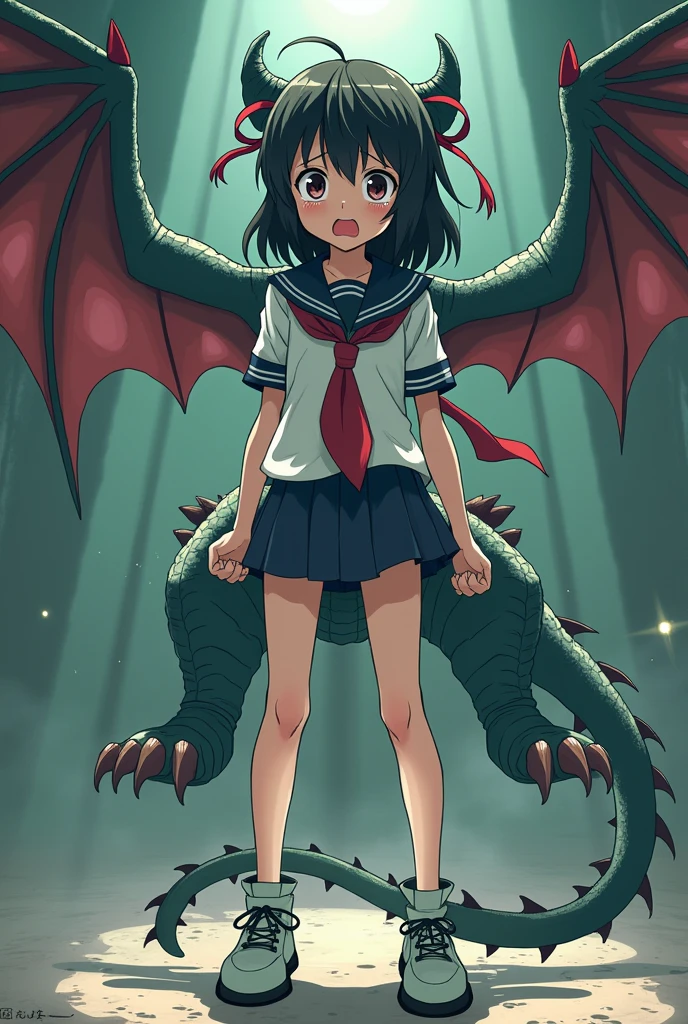 A girl's lower_body is transforming into a dragon(four dragon legs)(four dragon feets)(scared)(Japanese anime style)(scared and crying)(three dragon tails)(dragon wings)(dragon angles)(dragon ears)(broken student costume)(no human's legs)
)(dragon 1:5)