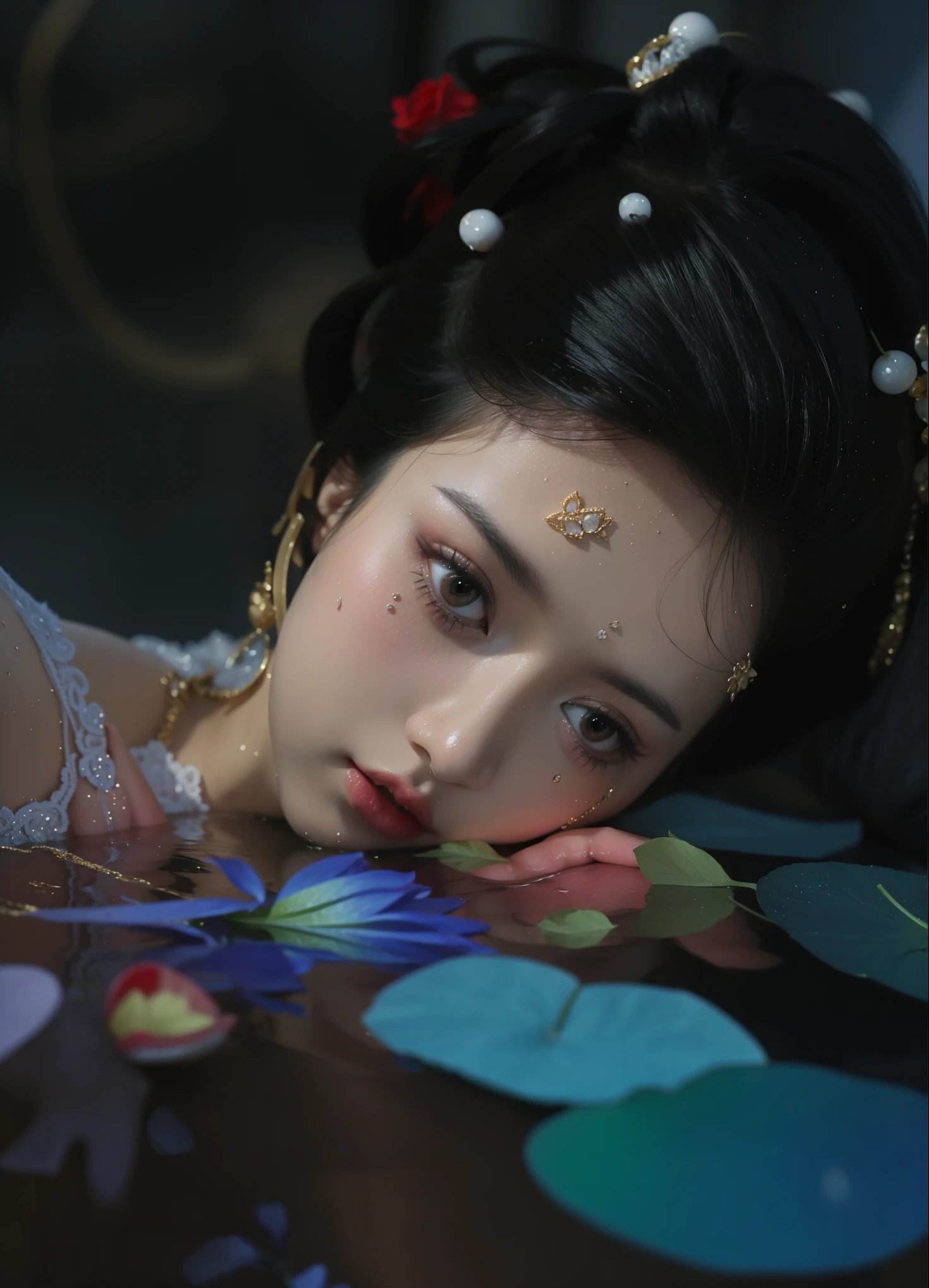 Royal sisters,Exquisite eyes,Frozen Queen,Put the crown on your head,Detailed facial expressions body,Tall and big,Glamorous characters,Leg length,4K,HD,Sensual,White translucent lace,白皙full image,Little cherry mouth,Beautiful and lovely,full image,Glossy Gel Coat,Vampire Queen in luxurious robes,Have a tattoo(Intricate tattoo designs),Ice Princess,Rich facial details,Gold diamonds,Luxurious and exquisite jewelry,Lace print knee socks,Lotus lotus leaves,Lying in the water