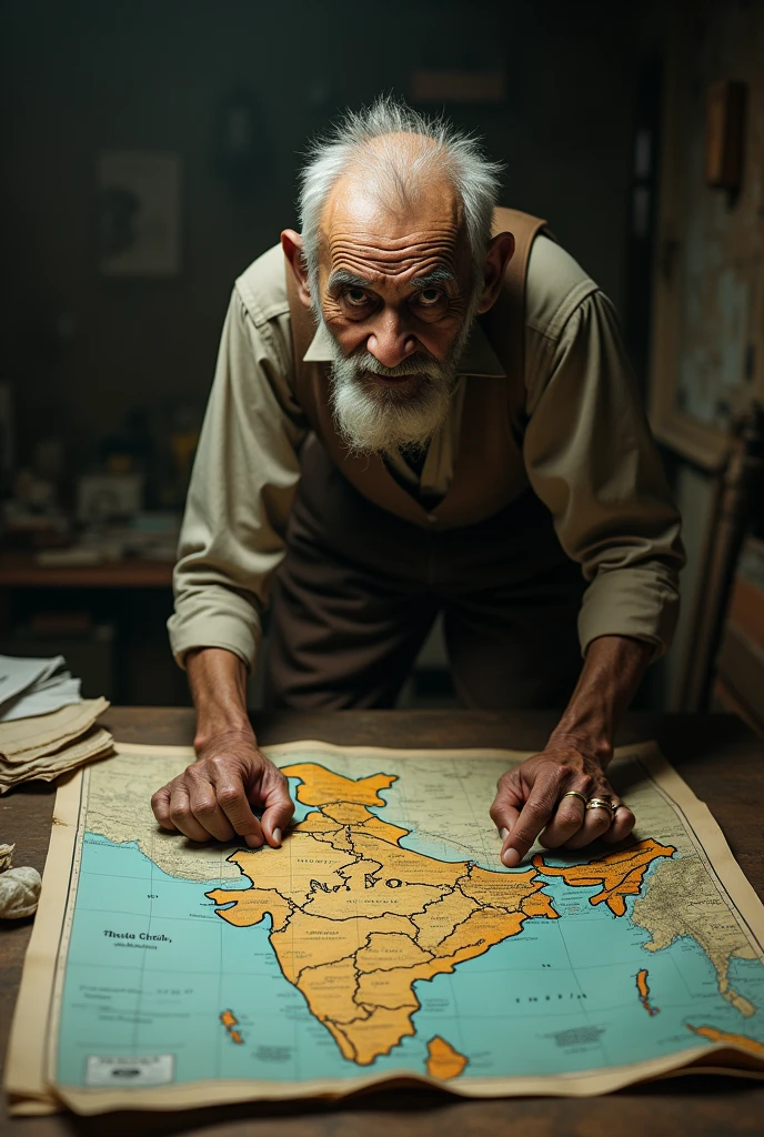An elderly man poop over a map of India
