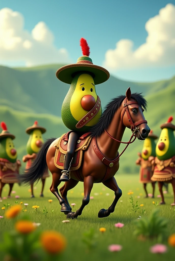 Animated avocado potaxie dressed as Bolivar on a horse arriving at a field with animated avocados potaxies dressed as indigenous people