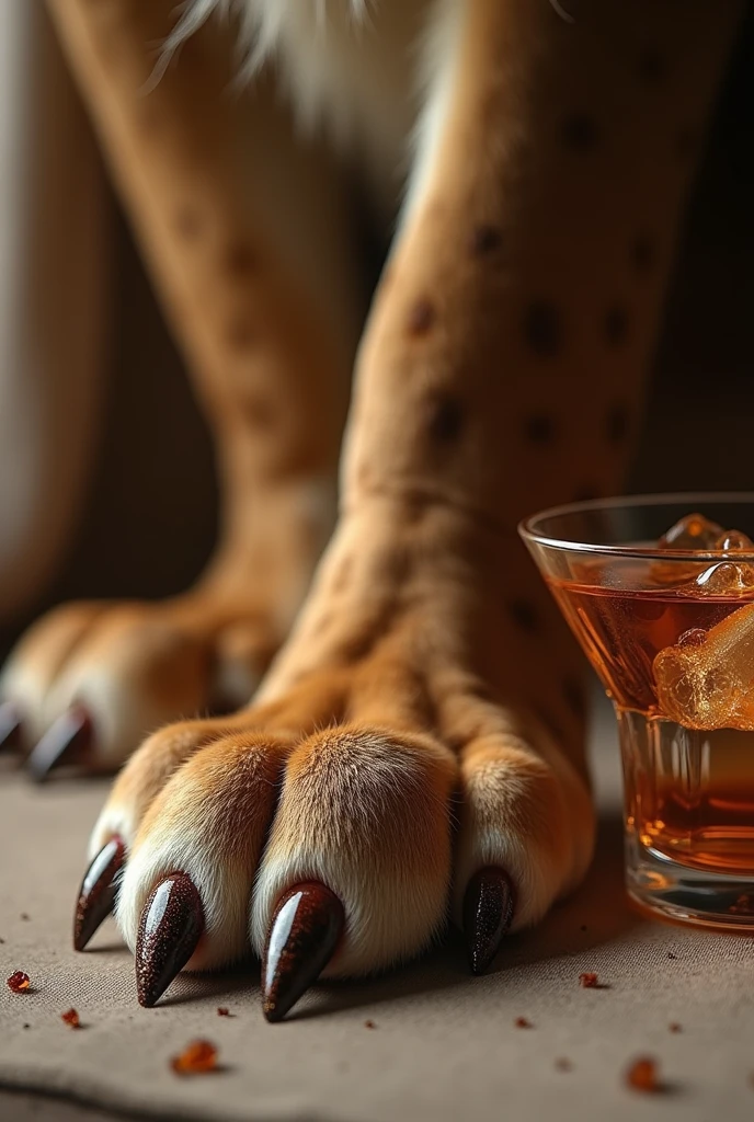 Elegant lioness paw with nails painted in jaguar style next to a sophisticated drink