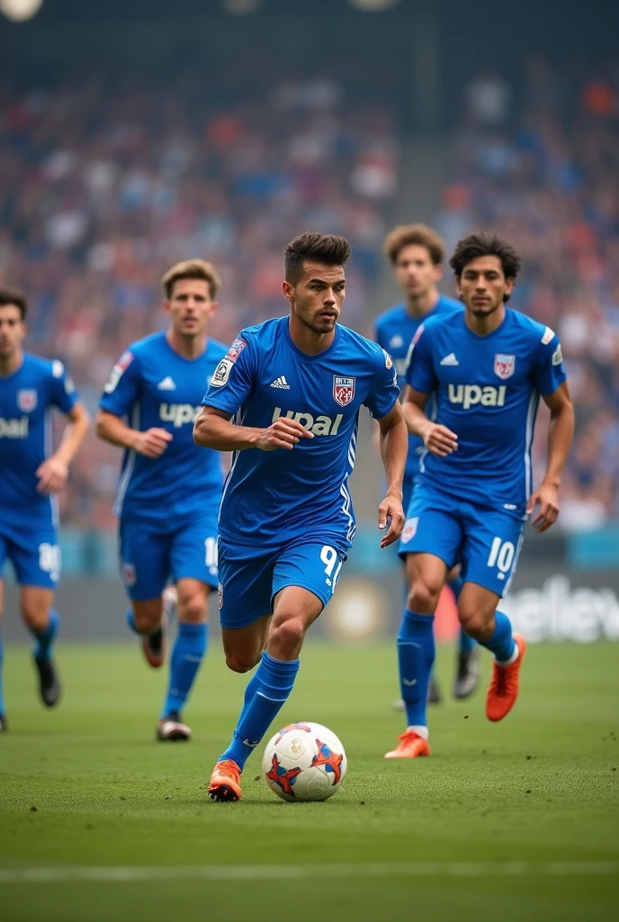 College men's team in a soccer game, with cerulean clothing and UPAL logo