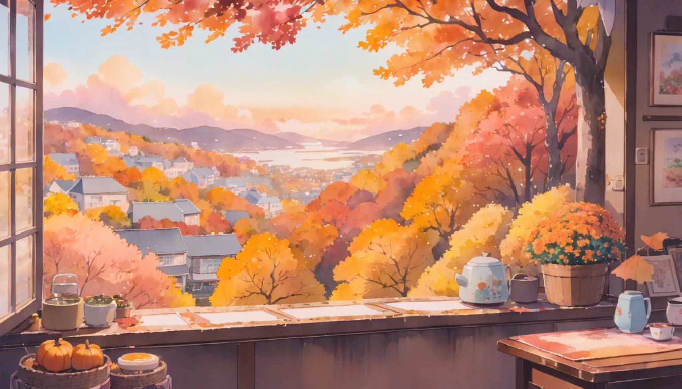 ultrawide Cozy autumn aesthetic fall,Studio ghibli inspired,Watercolor,no people,Lofi,Cute